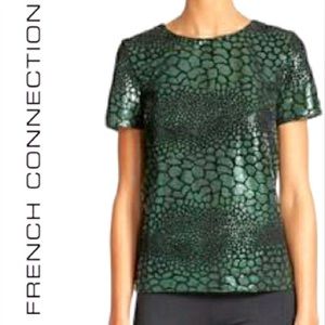 French Connection Croc Flock Short Sleeve Glam Flocked Sequined Boxy Top